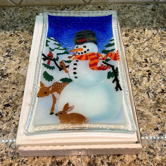 Peggy Karr Fused Art Glass Snowman Platter 13.75" x 8" Plate Signed Christmas - Picture 7 of 9